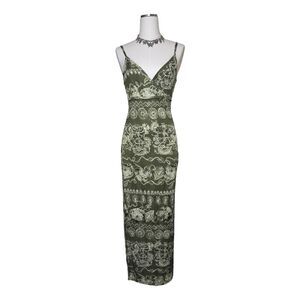 Y2K 579 Green Boho Maxi Slit V Neck Dress Size Extra Small